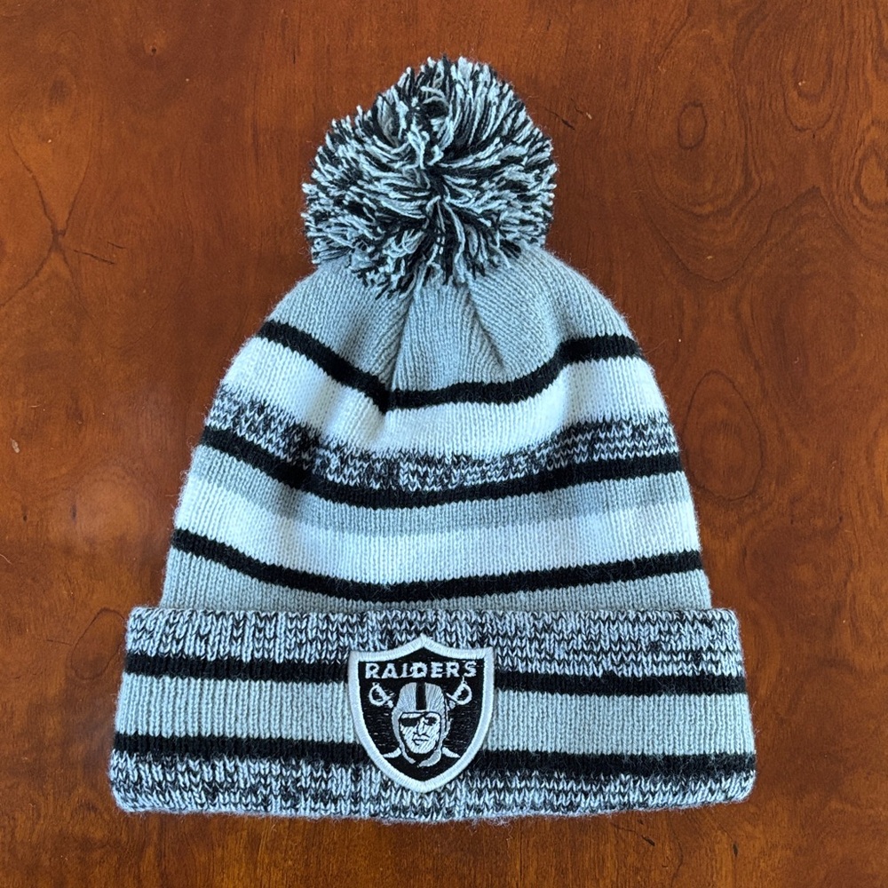 “Raiders” Gray and Black Pom-Pom‎ Beanie.  EUC